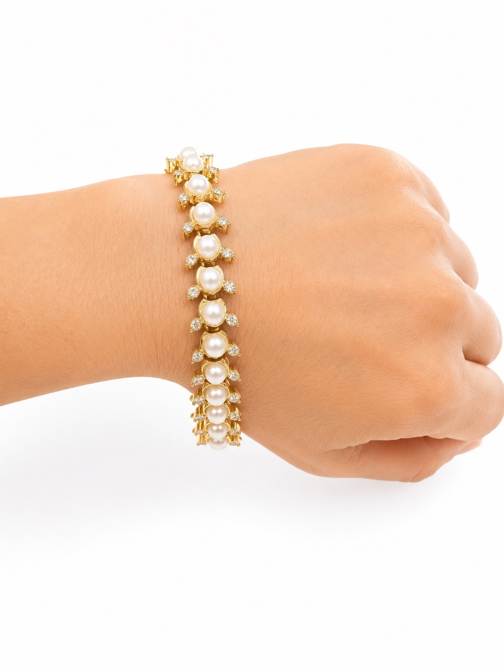 Vintage Faux Pearl & Rhinestone Gold Tone Tennis Bracelet 7”